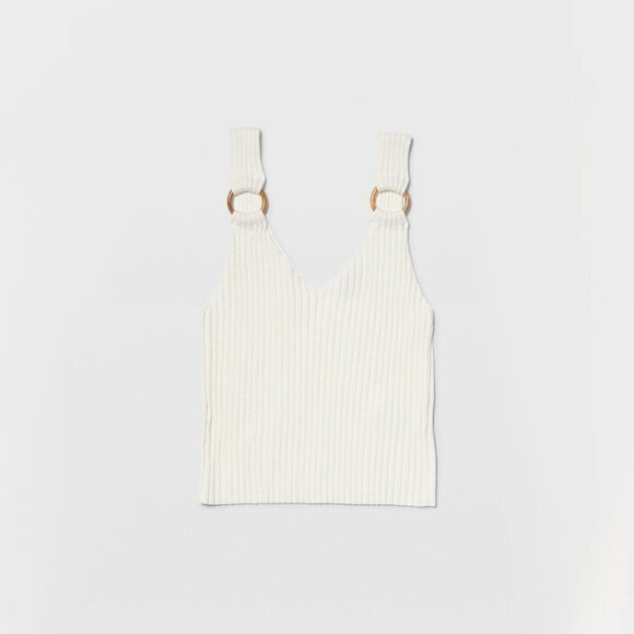 NWT Club Monaco cream ribbed ring accent linen cotton blend tank top - Picture 5 of 10